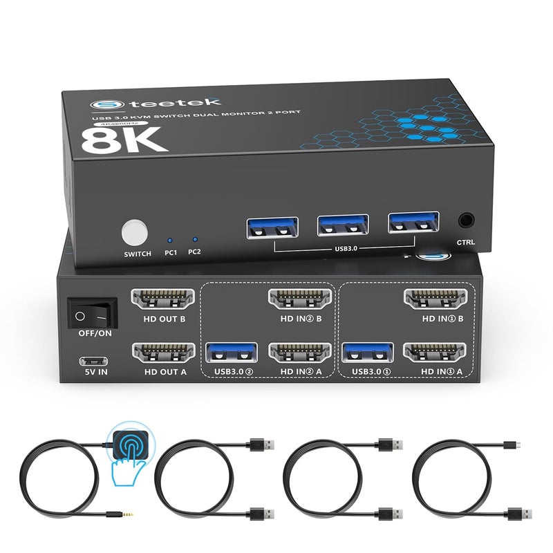 Hearvo مفتاح KVM بدقة 8K@60Hz لجهازين كمبيوتر وشاشتين، مفتاح KVM لشاشتين مع EDID التكيفية، مشاركة لوحة المفاتيح/الفأرة/الطابعة، يتضمن 2 كابل USB ووحدة تحكم -S7229H2 - Image 1